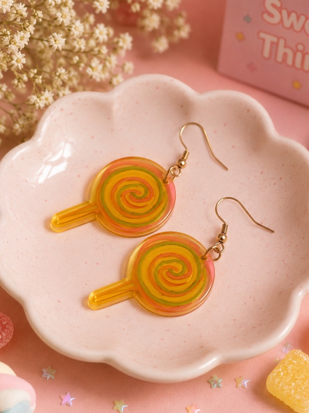 Swirly Lollipop Acrylic Dangle Earrings – Colorful Candy Statement Earrings New